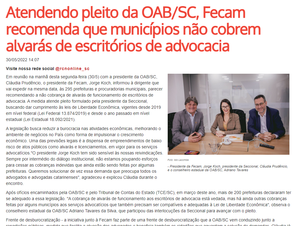 Read more about the article Atendendo pleito da OAB/SC, Fecam recomenda que municípios não cobrem alvarás de escritórios de advocacia